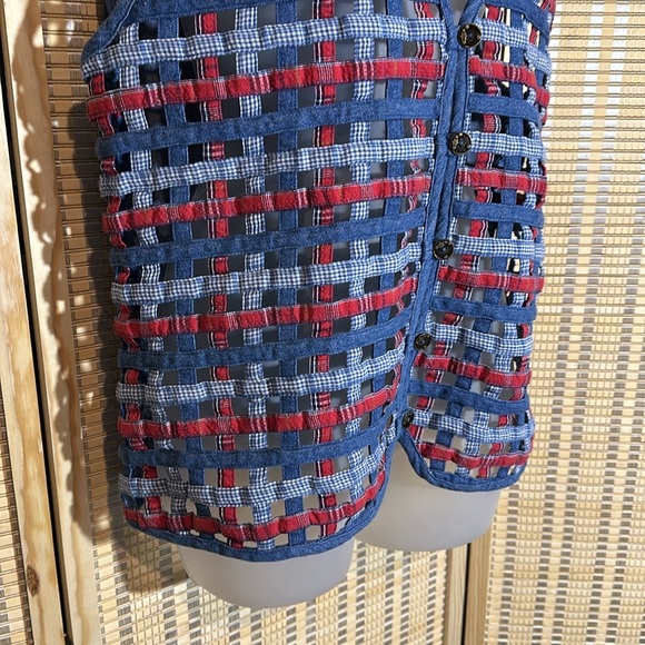 Koret City Blues Vintage 1990s Y2K Blue Denim Patchwork Open Holes Vest Large - Picture 3 of 15
